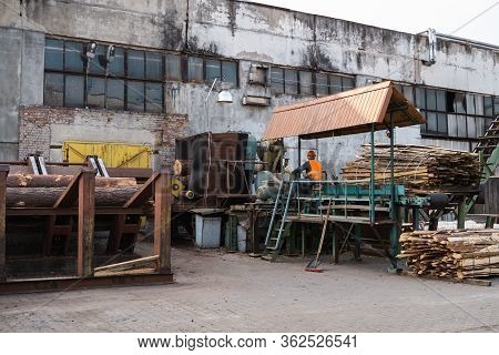 Bark Removal From Large Logs On Sawmill. Preparation Of The Wooden Logs To Sawing On A Cutting Line 