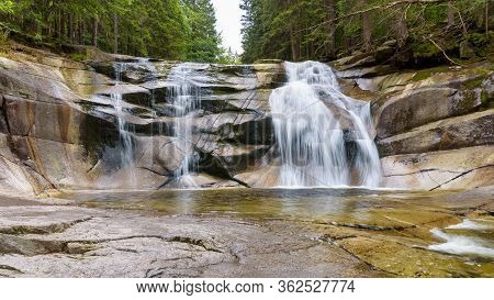 Panoramic View Of Mumlava Waterfall Near Harrachov In Czech Giant Mountains