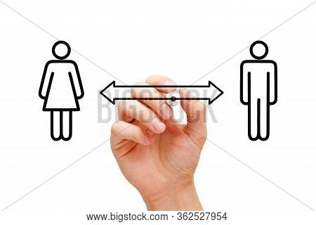 Hand Drawing A Social Distancing, Divorce, Restraining Order Or Separation Concept With Two Figures 