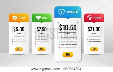 My Love, Broken Heart And Ask Me Icons Simple Set. Price Table Template. Elephant On Ball Sign. Swee