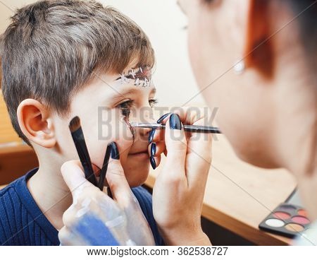 Little Cute Child Making Facepaint On Birthday Party, Zombie Apocalypse Facepainting, Halloween Prep