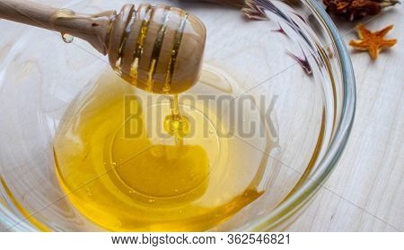 Honey Dipper On The Bee Honeycomb Background. Honey Tidbit In Glass Jar And Honeycombs Wax