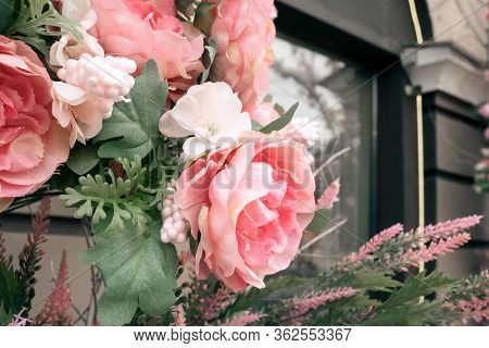 Pink Artificial Peonies Flowers On The Wall. Floral Texture Background For Wedding Scene, Holiday, D