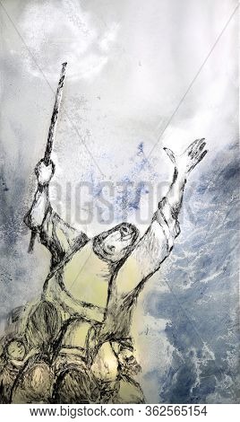 ROENBERG HOLZMUHLE, GERMANY - MAY 06, 2014: Crossing the Red Sea, detail of stained glass window by Sieger Koder in Saint James chapel in Holzmuhle, Germany
