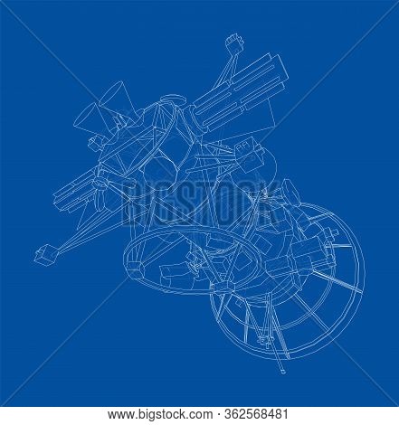 Communication Satellite Concept Outline. Vector Rendering Of 3d. Wire-frame Style. The Layers Of Vis