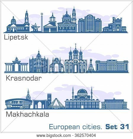 Krasnodar, Makhachkala, Lipetsk City Skyline Set. Russia. Vector Silhouette On White.