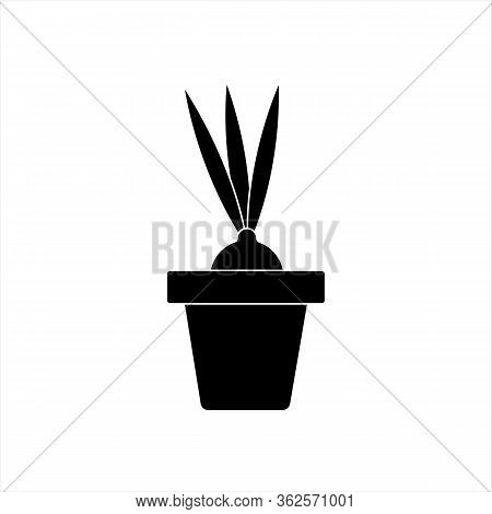 Vector silhouette of a bow with feathers in a pot on a white background, healthy food. Vegetable culture in the garden. Flat design of the item without filling. Vector and stock illustration.