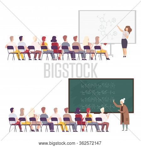 Professors Giving Task, Explaining Seminar, Lecture To Students Sitting In Classroom Set, University