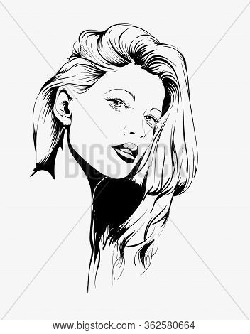 Hand Drawn Beautiful Young Woman Face. Fashion.  Beautiful Woman Face