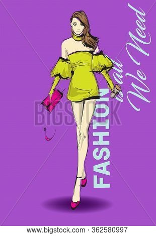 Beautiful Young Woman In Modern Style. Hand Drawn Stylish Woman Portrait. Fashion Lady. Festive Outf