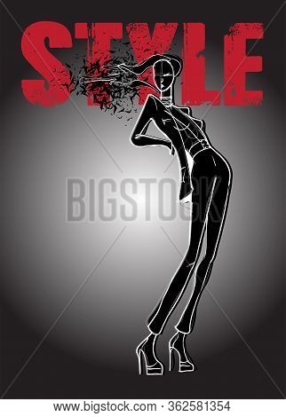 Beautiful Young Woman In Modern Style. Hand Drawn Stylish Woman Portrait. Fashion Lady. Festive Outf