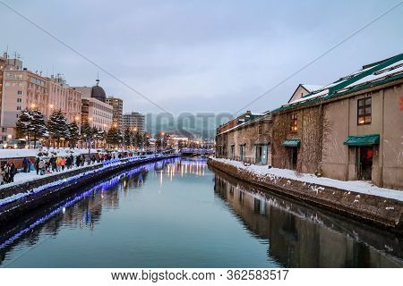 Otaru, Hokkaido, Japan - December 2019 : Otaru Canal In Winter With Twilight Light. One Of Beautiful