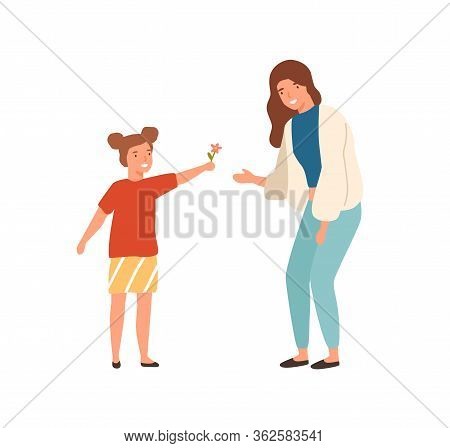 Cute Cartoon Little Girl Give Flower To Beautiful Mother Vector Flat Illustration. Happy Well Manner