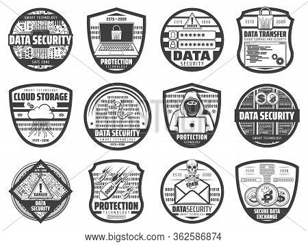 Internet Data Security, Information And Cloud Storage Access Protection, Vector Icons. Secure Bitcoi