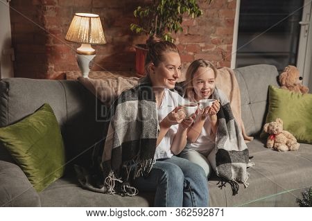 Tea Drinking, Talking. Mother And Daughter During Self-insulation At Home While Quarantined, Family 