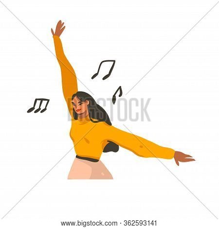 Hand Drawn Vector Abstract Stock Graphic Illustration With Young Smiling Happy Female Dancing At Hom
