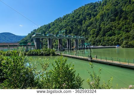 Maribor, Slovenia - August 09, 2019: The Fala Hydro Power Plant. The Hidroelektrarna Fala Started In