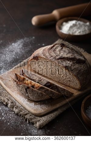Homemade Yeastless Bread On A Dark Background