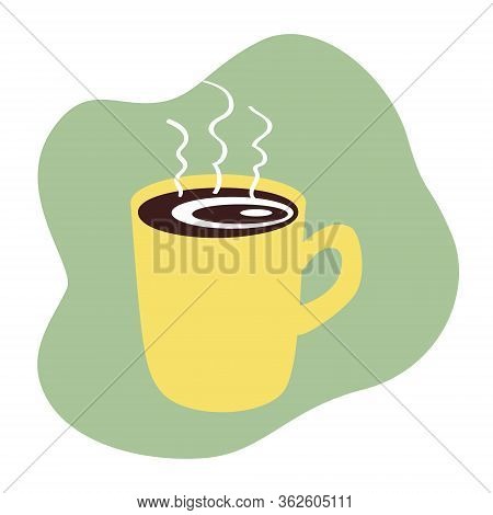 A Mug Of Coffee And Steam Above It For Icon, Logo. Yellow Cup  With A Drink Hand Drawn Simple Flat. 