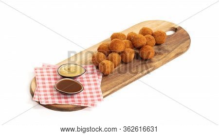 Dutch Traditional Snack Bitterbal On A Serving Board, Isolated