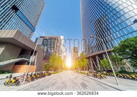 Small Road In The City And Skyscrapers On Both Sides, Ningbo, China.