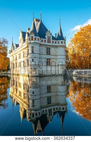 Azay Le Rideau, France - November 13, 2018: The Azay Castle Reflected On The Pond