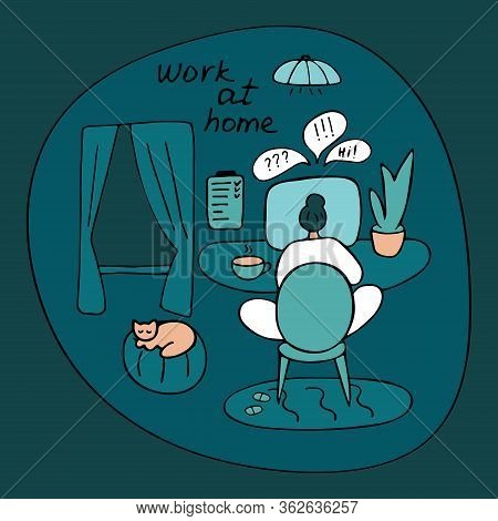 Cozy Workplace At Home. Woman Works From Home. Student Is Studying Online. Remote Work, Study, Cours