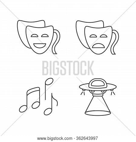 Traditional Movie Genres Pixel Perfect Linear Icons Set. Comedy, Drama, Musical And Science Fiction 