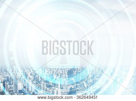 Global Cybersecurity Mixed Media With Virtual Locking Padlock On Cityscape Background. Data Cryptogr