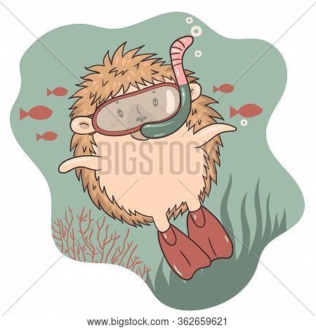 Hedgehog Swims Underwater In Swimming Goggles And Fins. Vector Image.
