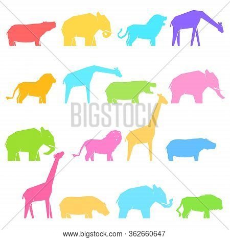 Set Of 16 Multi-colored African Animals In Different Poses, Lions And Hippos, Elephants And Giraffes