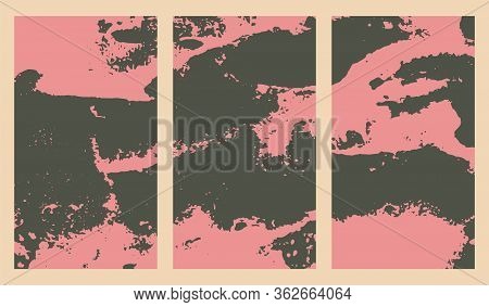 Set Of Three Vertical Cards With Ink Blots On White Background For Your Design. Vector Pink And Gray