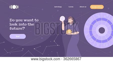 Fortune Teller Predicting Future Online Practice Flat Website Banner With Holding Crystal Ball Clair