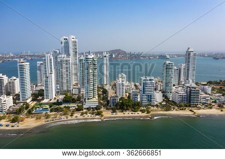 Aerial View Of Modern Skyscrapers, Business Apartments, Hotels In Cartagena, Colombia.