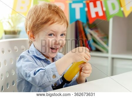 Excited Child. Festivel Background. Funny Birthday Party