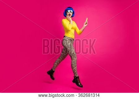 Full Body Profile Photo Of Crazy Funny Lady Jump High Walk Street Browsing Telephone Wear Specs Yell