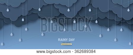 Overcast Sky With Rain Drops In Paper Cut Style. Vector Illustration. Rainy Day Concept With Dark Cl