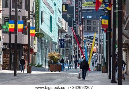 Escaldes Engordany, Andorra : 2020 April 23 : People The Street In Escaldes Engordany All Closed Due