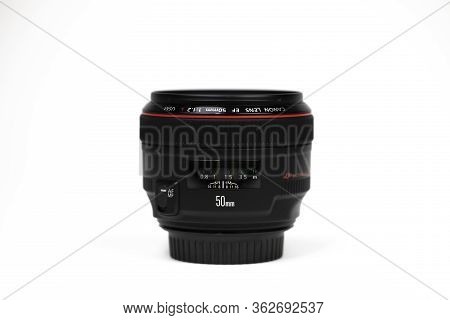 Tokyo, Japan 22.04.2020 Canon Ef-50mm 1.2 Usm Lens Distance Scale Copy Space Isolated On White Backg