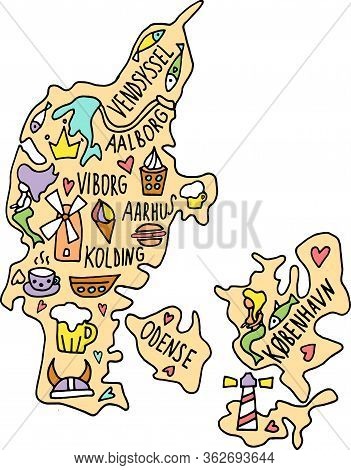 Colored Hand Drawn Doodle Denmark Map. Danish City Names Lettering And Cartoon Landmarks, Tourist At