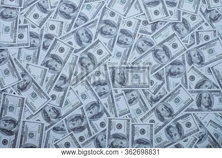 Group Of Money Stack Of 100 Us Dollars Banknotes A Lot Of The Background Texture Top View