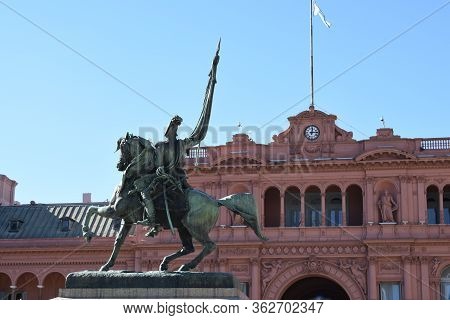Buenos Aires City, Argentina. June 16, 2018. Monument Of San Martin And The Pink House Betterment In