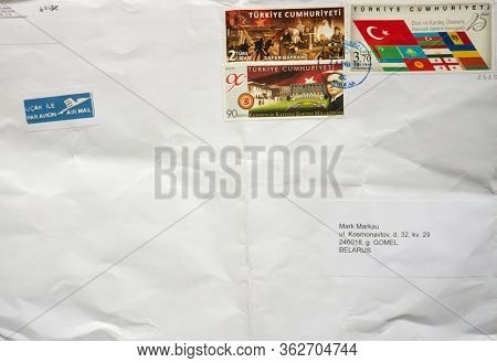 GOMEL, BELARUS - APRIL 20, 2020: Old envelope which was dispatched from Turkey to Gomel, Belarus, April 20, 2020.