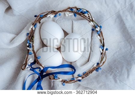 Happy Easter Card. Easter Holiday Concept Handmade Eggs. Background Colored Classic Blue, White Lene
