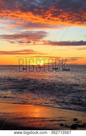 Guadeloupe Black Sand Beach. Caribbean Vacation Landscape. Sunset At Plage Caraibe Beach In Pointe N