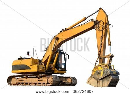 Excavator With Crusher Bucket For Crushing Concrete. Construction Waste Recycling For Construction M