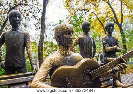 Almaty, Kazakhstan - September 09, 2019 - Bronze Group Sculpture Of The Beatles In Kok Tobe Park