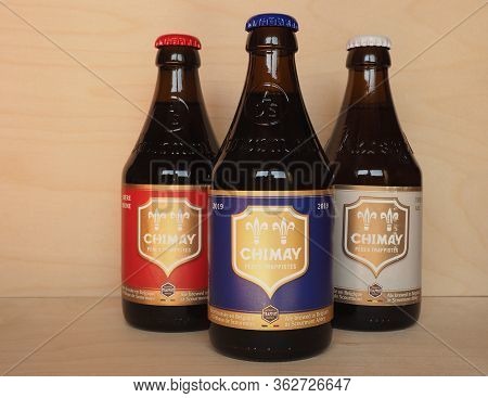 Chimay, Belgium - Circa April 2020: Chimay Blue Red And White Bottles Of Beer