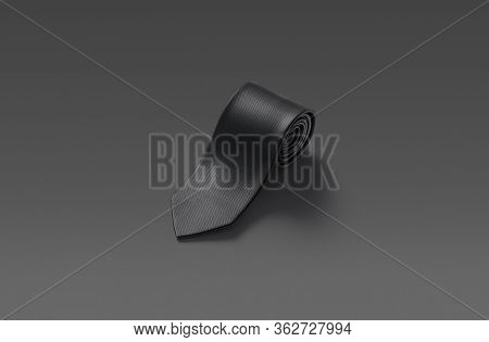 Blank Black Rolled Neck Tie Mockup, Dark Background, 3d Rendering. Empty Ceremony Male Necktie Mock 