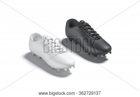 Blank Black And White Soccer Boot With Rubber Cleats Mockup Set, 3d Rendering. Empty Sports Leather 